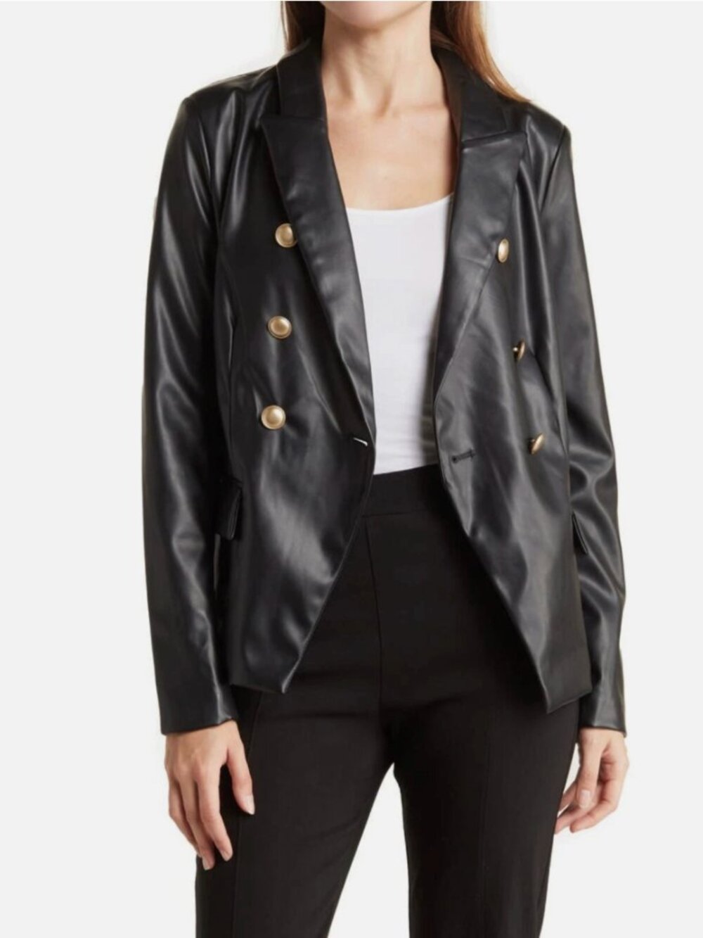 Faux Leather Double-Breasted Blazer